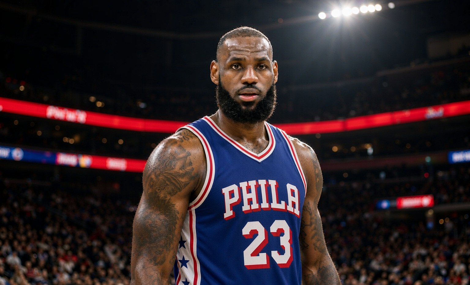 Philadelphia number 23 royal blue basketball jersey worn by a player in a night arena