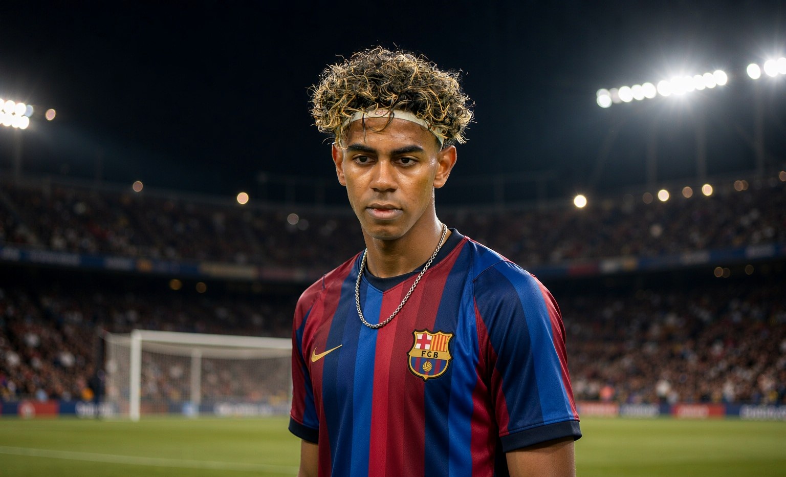 Blue and red striped Barcelona home football shirt worn by a player under stadium floodlights