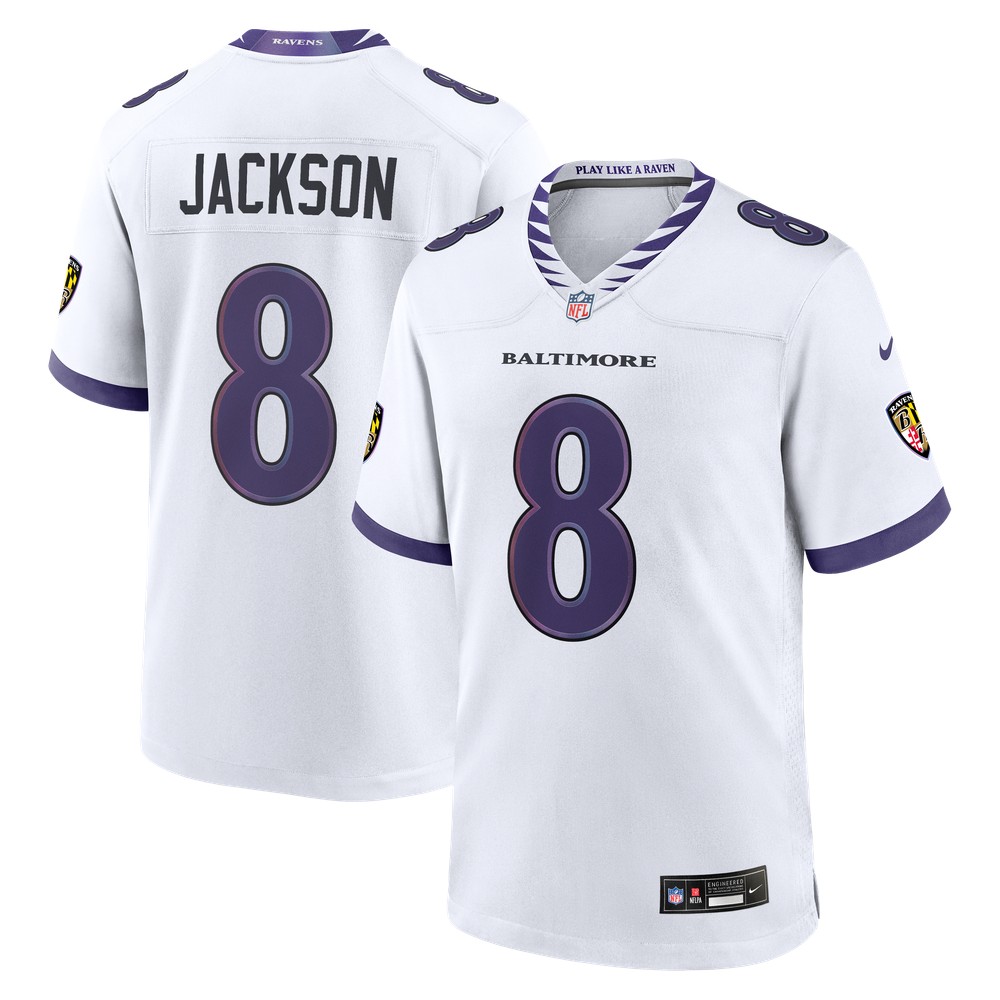 Lamar Jackson Baltimore Ravens Game Jersey White - front and back view