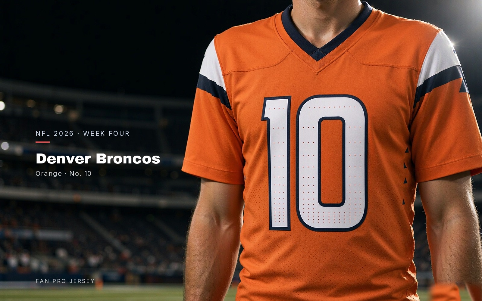 Denver Broncos orange American football jersey with number 10, worn torso close-up under stadium lights
