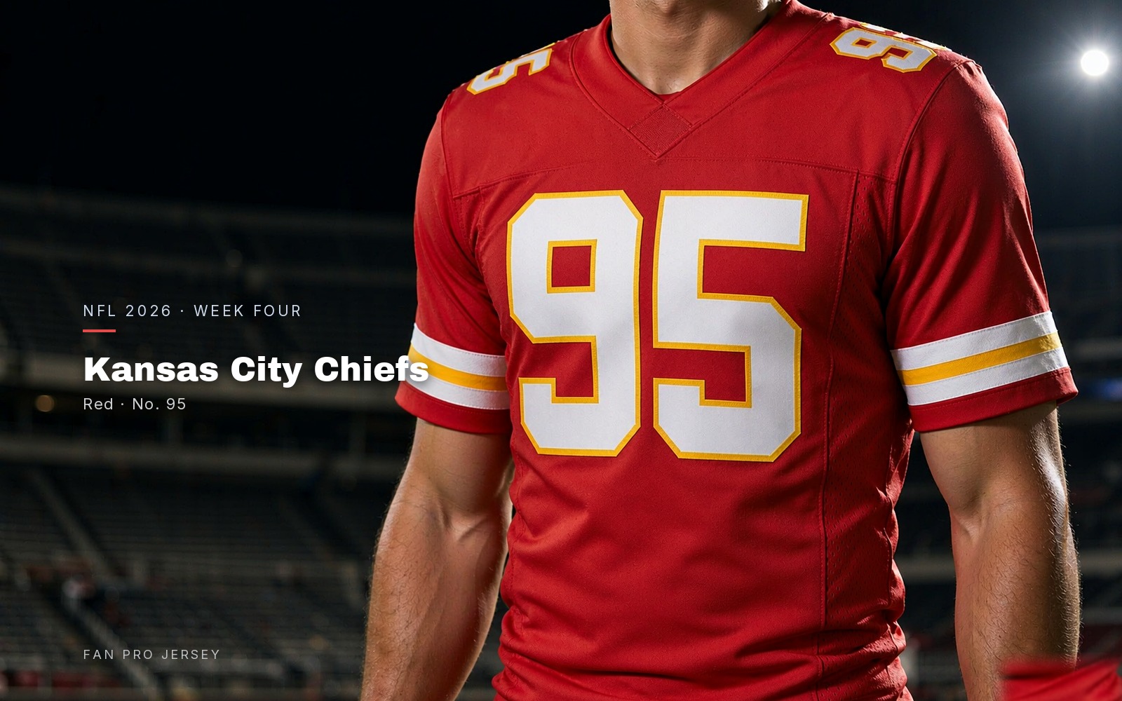 Kansas City Chiefs red American football jersey with number 95, worn torso close-up under stadium lights