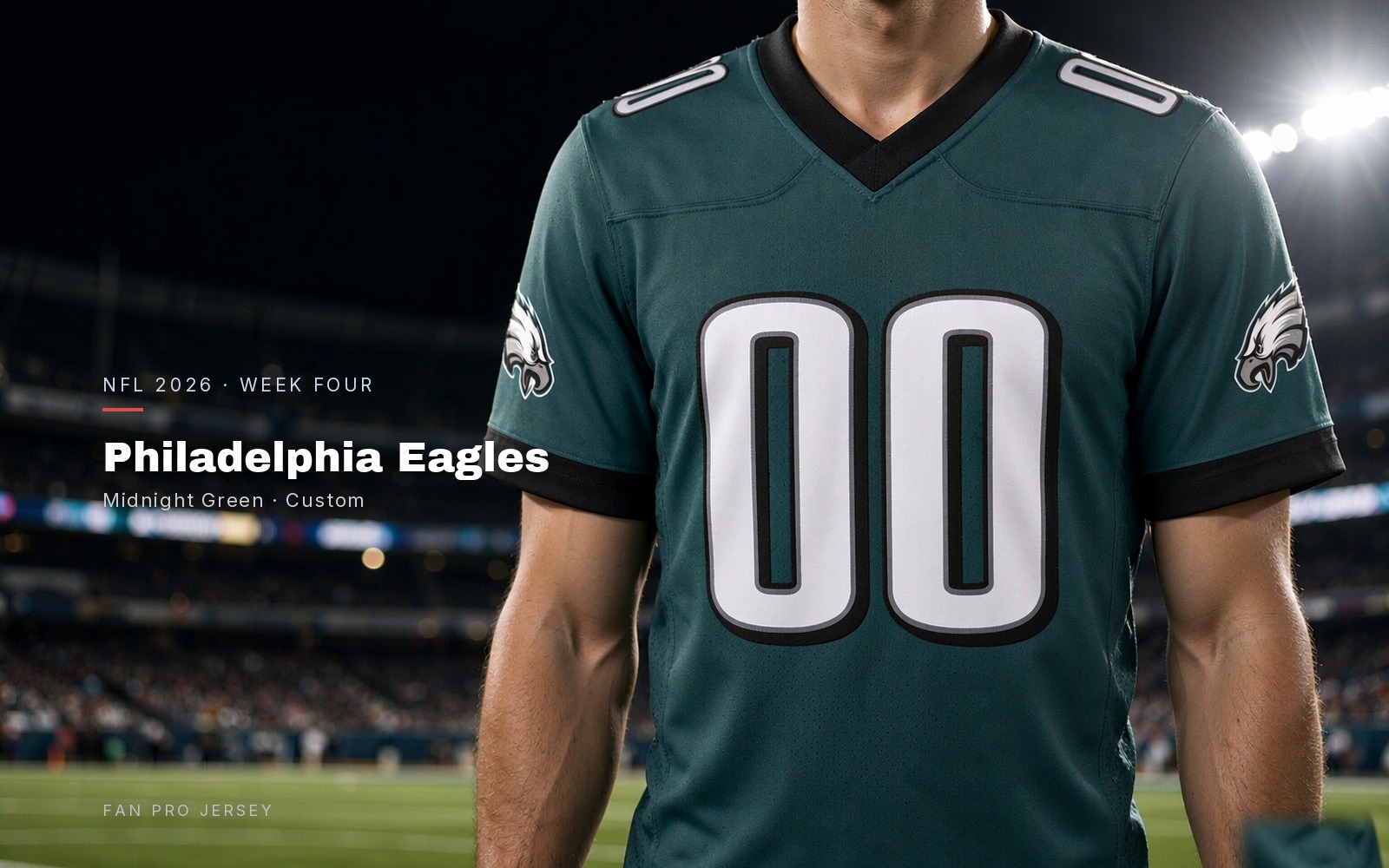 Philadelphia Eagles midnight green American football jersey, worn torso close-up under stadium lights
