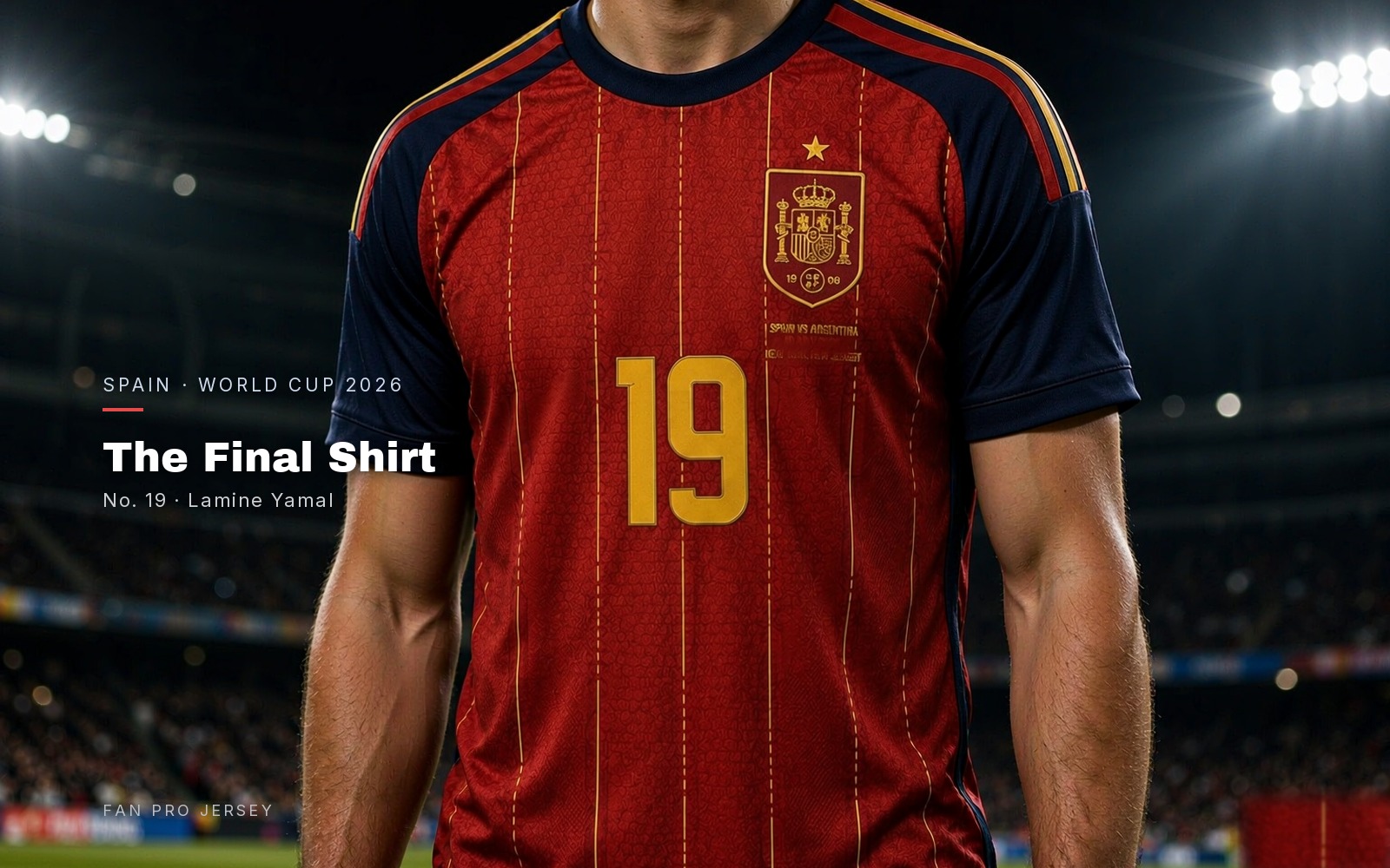 A player wearing the red Spain 2026 World Cup final shirt with gold number 19 in a night stadium