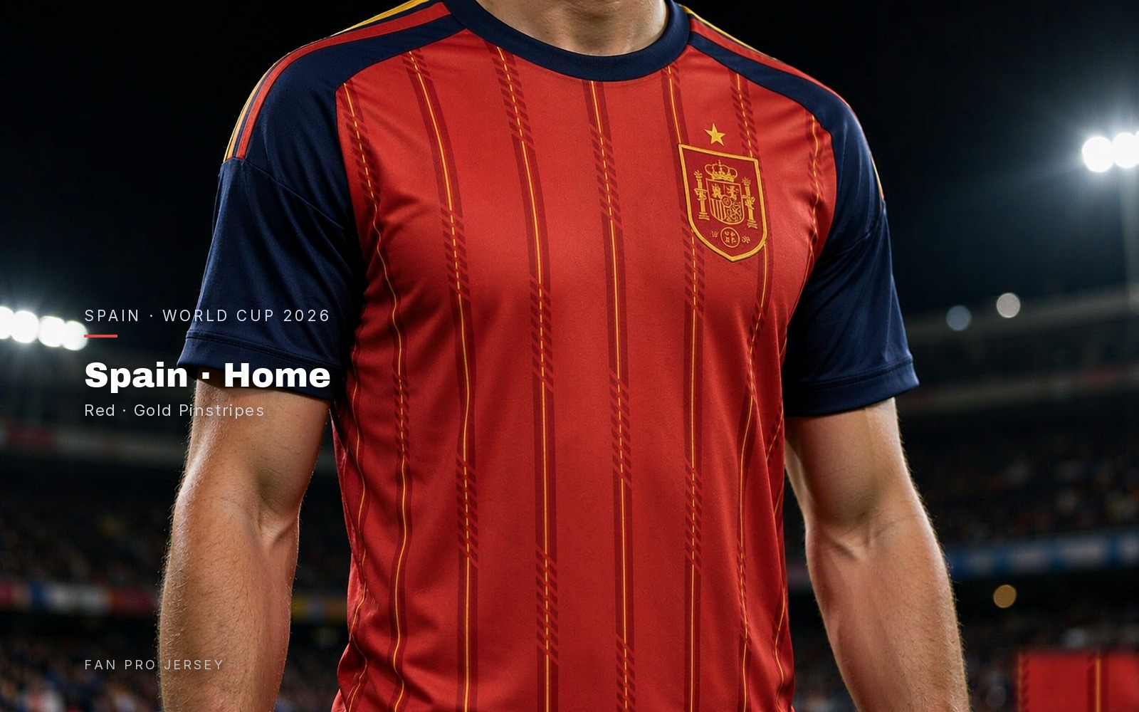 A player wearing the red Spain home shirt with gold pinstripes in a night stadium
