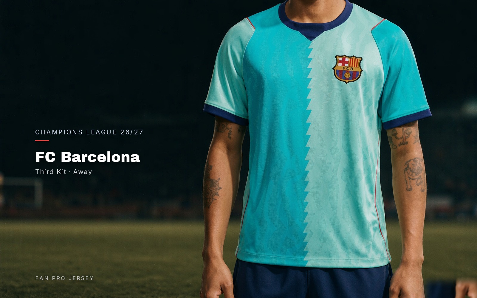 FC Barcelona 2026/27 third kit — teal and mint football shirt with jagged centre split, worn torso close-up under stadium lights