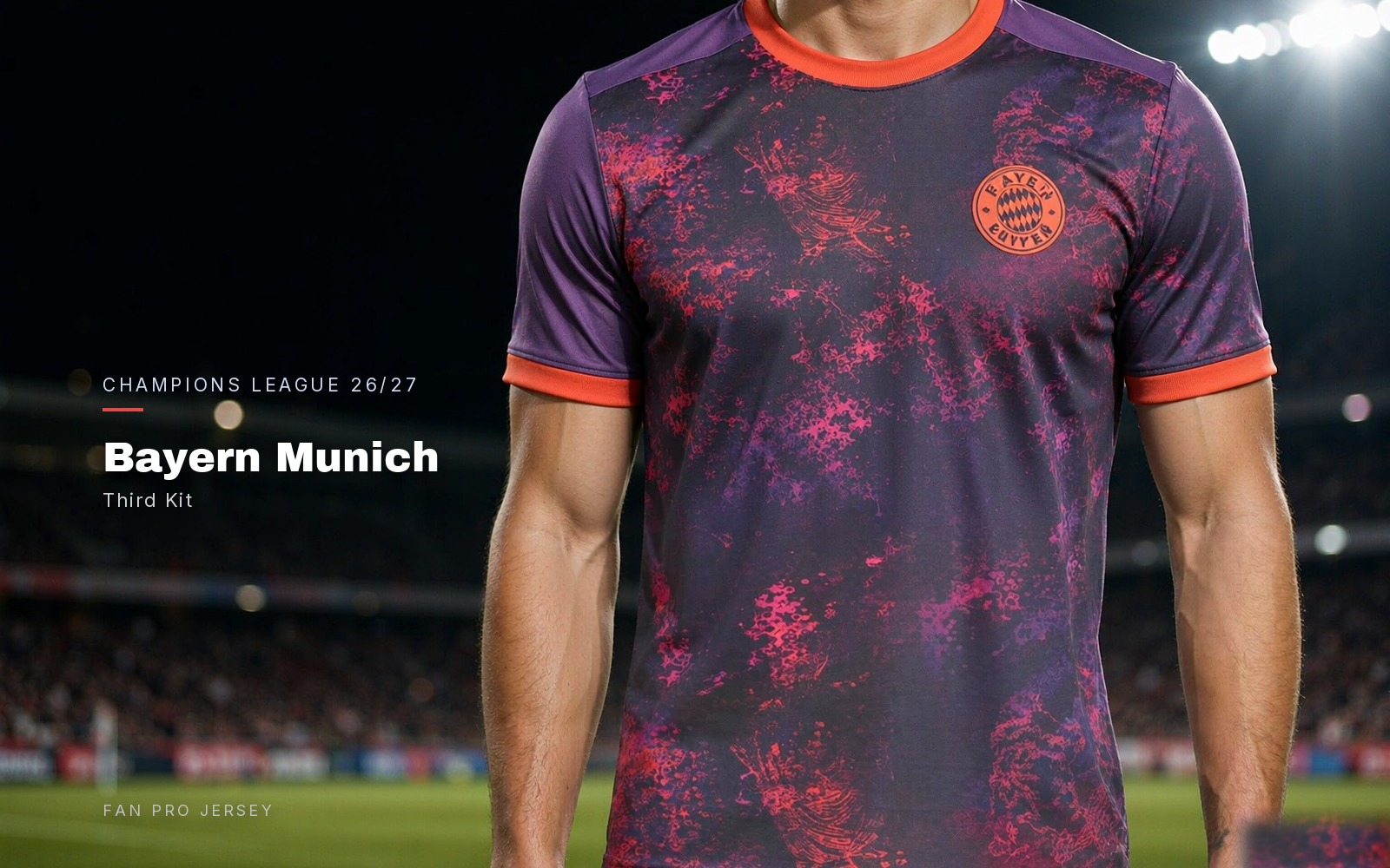 Bayern Munich 2026/27 third kit — purple and pink mottled football shirt with orange trim, worn torso close-up under stadium lights