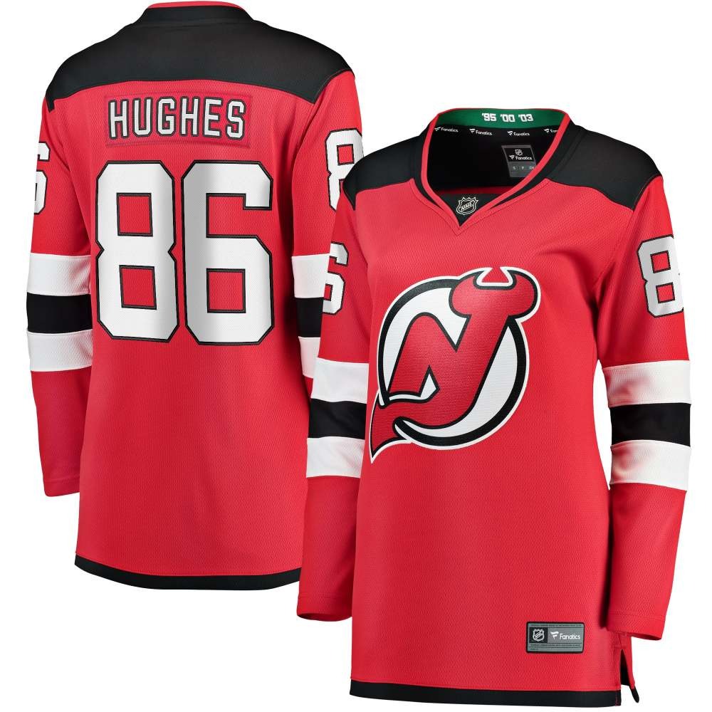 Jack Hughes New Jersey Devils Women's Home Breakaway Jersey Red - front and back view