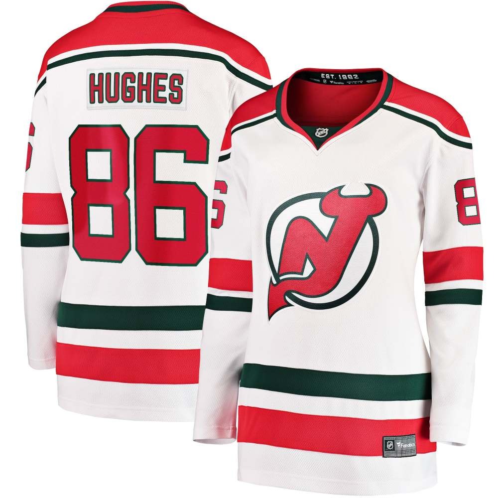 Jack Hughes New Jersey Devils Women's Alternate Breakaway Jersey White - front and back view