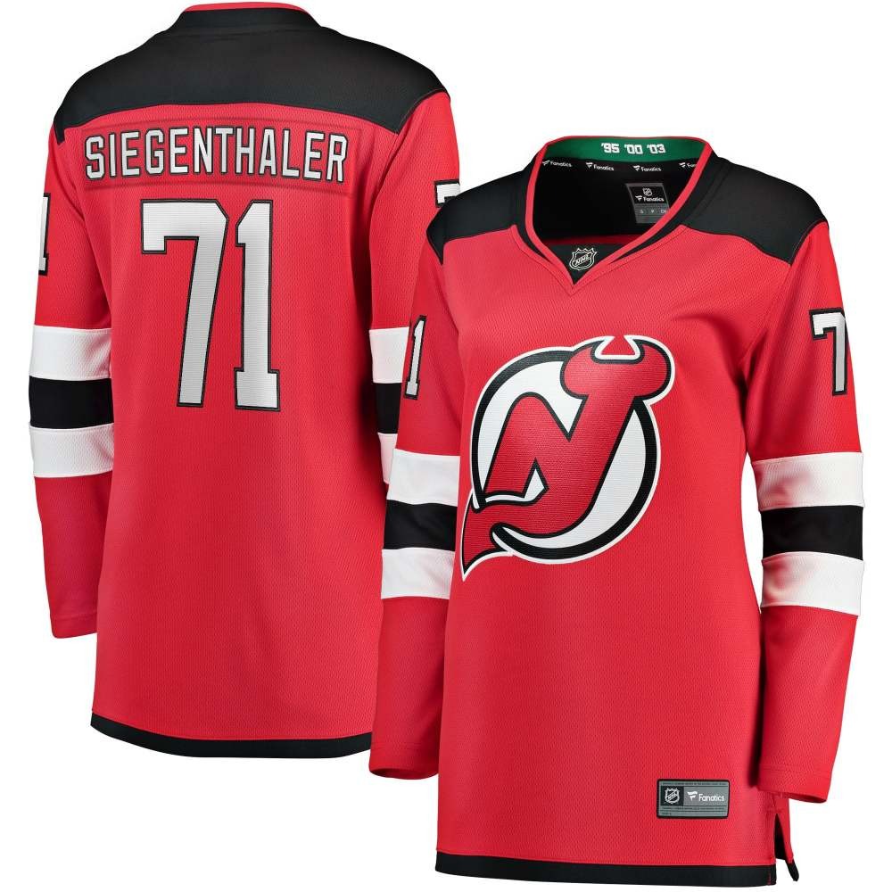 Jonas Siegenthaler New Jersey Devils Women's Home Breakaway Player Jersey Red - front and back view