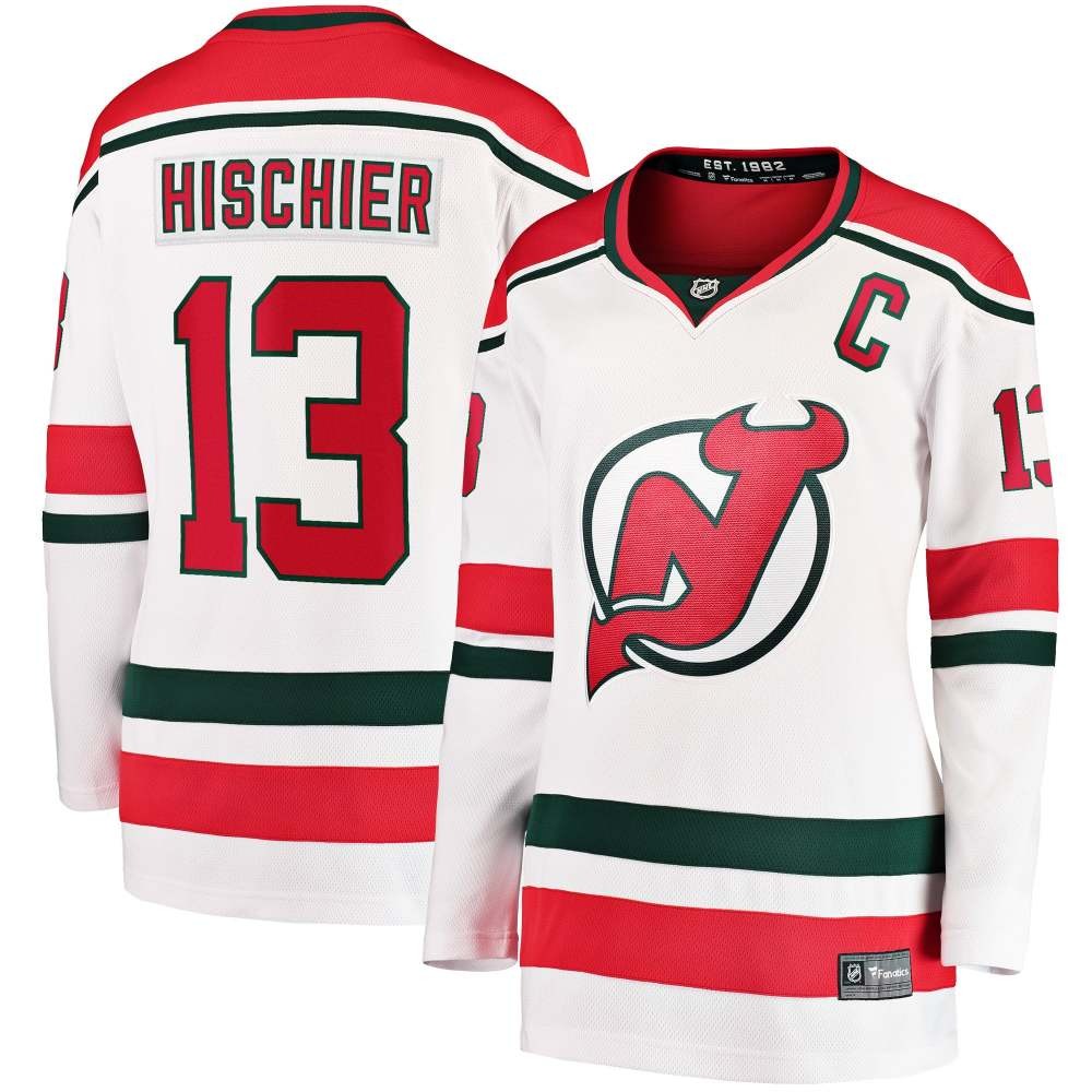 Nico Hischier New Jersey Devils Women's Alternate Breakaway Jersey White - front and back view