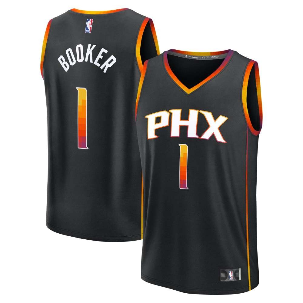 Devin Booker Phoenix Suns Youth Essential Fan Player Jersey Statement Black - front and back view
