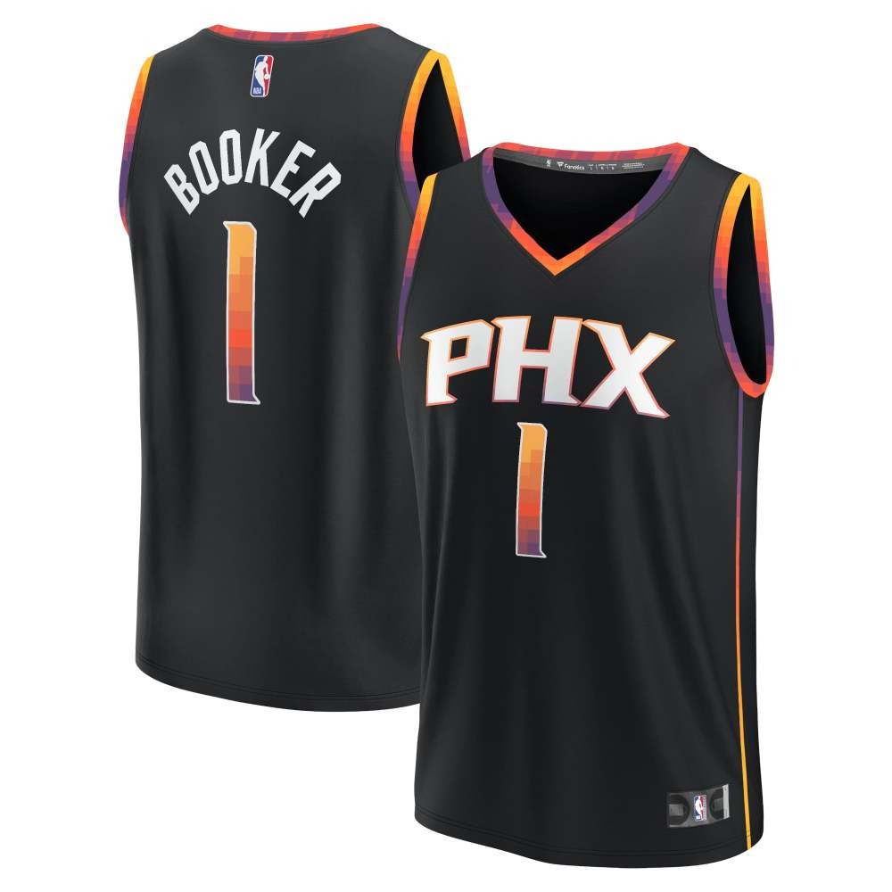 Devin Booker Phoenix Suns Youth Essential Player Jersey Statement Black - front and back view