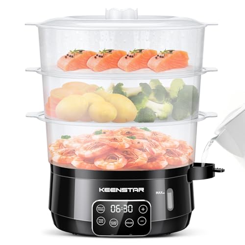 13.7QT Electric Food Steamer for Cooking, Vegetable Steamer with 3 Tiers BPA-Free Baskets, Digital Steamer with Appointment, 800W Fast Cooking, Ideal for Veggies Seafood Rice Black