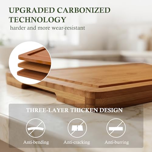 Empune Bamboo Cutting Boards for Kitchen, 3 Piece Extra Thick Cutting Board Set with Juice Groove, Deep Carbonized Bamboo Chopping Board, Reversible Wood Cutting Board for charcuterie boards, Brown