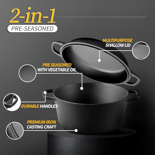 EDGING CASTING 2-in-1 Pre-Seasoned Cast Iron Dutch Oven Pot with Skillet Lid Cooking Pan, Cast Iron Skillet Cookware Pan Set with Dual Handles Indoor Outdoor for Bread, Frying, Baking, Camping, 7QT
