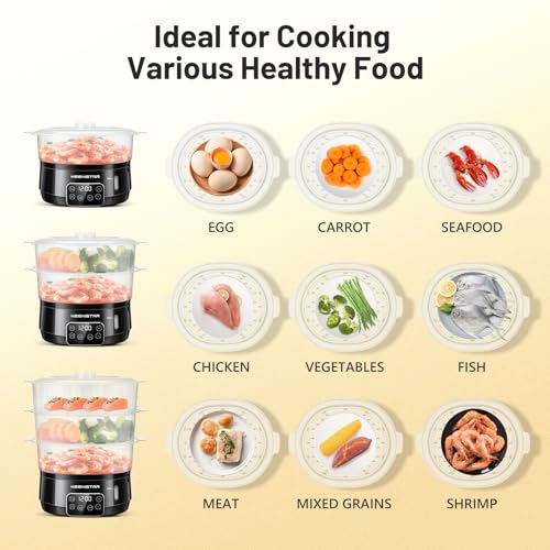 13.7QT Electric Food Steamer for Cooking, Vegetable Steamer with 3 Tiers BPA-Free Baskets, Digital Steamer with Appointment, 800W Fast Cooking, Ideal for Veggies Seafood Rice Black