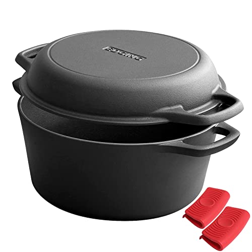 EDGING CASTING 2-in-1 Pre-Seasoned Cast Iron Dutch Oven Pot with Skillet Lid Cooking Pan, Cast Iron Skillet Cookware Pan Set with Dual Handles Indoor Outdoor for Bread, Frying, Baking, Camping, 7QT