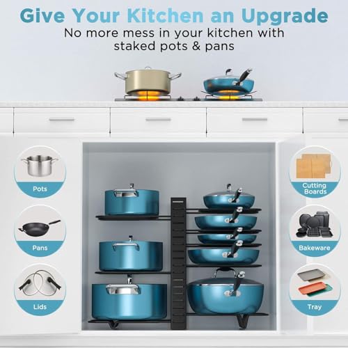ORDORA Pots and Pans Organizer Under Cabinet 16.6", 8-Tier Adjustable Rack