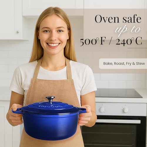 Nuovva Enamelled Cast Iron Dutch Oven Pot with Lid-6.4 Quart Non Stick Casserole Pot-Heavy Duty & Oven Safe up to 500° F for Bread Baking, Braising, Stews, Roasting - 28cm Dark Blue