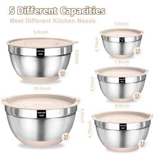 Umite Chef Mixing Bowls with Airtight Lids Set, 8PCS Stainless Steel Nesting Bowls with Grater Attachments, Non-Slip Bottoms, 5, 4, 3.5, 2, 1.5QT for Mixing & Serving