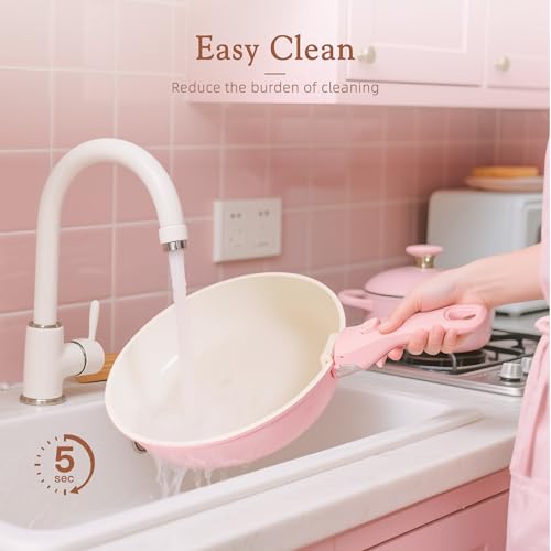 Astercook 21 Pcs Pots and Pans Set Non Stick, Ceramic Cookware Set Detachable Handle, RV Kitchen Cooking Set Removable Handles, Oven Safe, Induction Ready, Stackable, Pink, Fathers Day Gift for Men