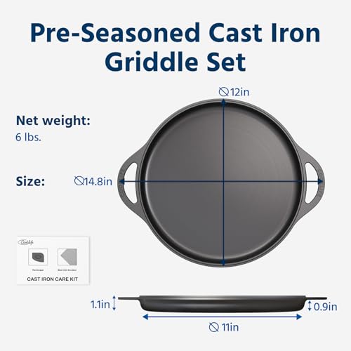 COOKLIFE 12inch Lightweight Pre-Seasoned Cast Iron Griddle Smooth Grill Pan