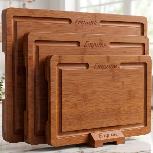 Empune Bamboo Cutting Boards for Kitchen, 3 Piece Extra Thick Cutting Board Set with Juice Groove, Deep Carbonized Bamboo Chopping Board, Reversible Wood Cutting Board for charcuterie boards, Brown