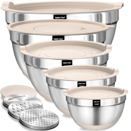 Umite Chef Mixing Bowls with Airtight Lids Set, 8PCS Stainless Steel Nesting Bowls with Grater Attachments, Non-Slip Bottoms, 5, 4, 3.5, 2, 1.5QT for Mixing & Serving