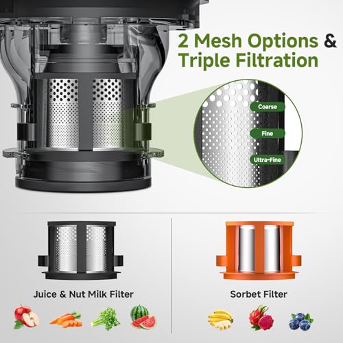 3-IN-1 Cold Press Juicer for Juice, Nut Milk & Sorbet - Self Feeding Juicer Machines with Pre-Cut Blade, 6.5"&100oz Extra Large Chute Fits Whole Fruits & Vegetables, High Yield, Easy Clean