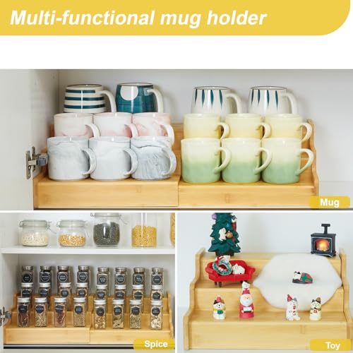 Hongtamoya 3-Tier Expandable Bamboo Mug Holder For Countertop Coffee Cup Holder Display Mug Organizer Mug Rack for Coffee Bar Organizer Mug Shelf for Cabinet for Kitchen, Home