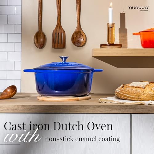 Nuovva Enamelled Cast Iron Dutch Oven Pot with Lid-6.4 Quart Non Stick Casserole Pot-Heavy Duty & Oven Safe up to 500° F for Bread Baking, Braising, Stews, Roasting - 28cm Dark Blue
