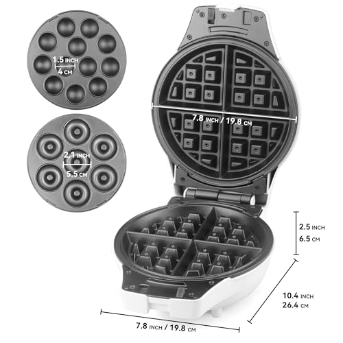 SugarWhisk Thick Belgian Waffle Maker with 3 Removable Plates, 7” Non Stick Belgian Waffle Iron Removable Plates, 3 in 1 Mini Donut Maker Machine, Cake Pop Maker Machine Set with Accessories & Tools