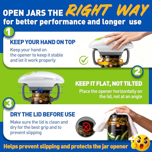 KITCHENMUH Higher Torque Electric Jar Opener for Seniors with Arthritis Fit Almost Jars Size, Automatic Jar Opener for Weak Hands, Hands Free Battery Operated Bottle Opener for Arthritic Hands (White)