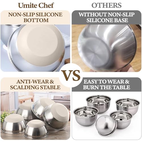 Umite Chef Mixing Bowls with Airtight Lids Set, 8PCS Stainless Steel Nesting Bowls with Grater Attachments, Non-Slip Bottoms, 5, 4, 3.5, 2, 1.5QT for Mixing & Serving