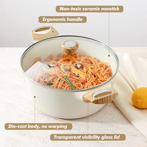 SENSARTE Ceramic Nonstick Pot, Stock Pot with Lid, Pasta Pot, 4.5 QT, White