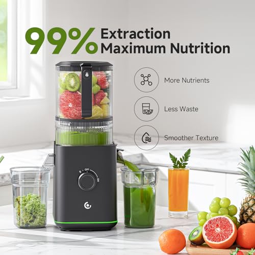 3-IN-1 Cold Press Juicer for Juice, Nut Milk & Sorbet - Self Feeding Juicer Machines with Pre-Cut Blade, 6.5"&100oz Extra Large Chute Fits Whole Fruits & Vegetables, High Yield, Easy Clean