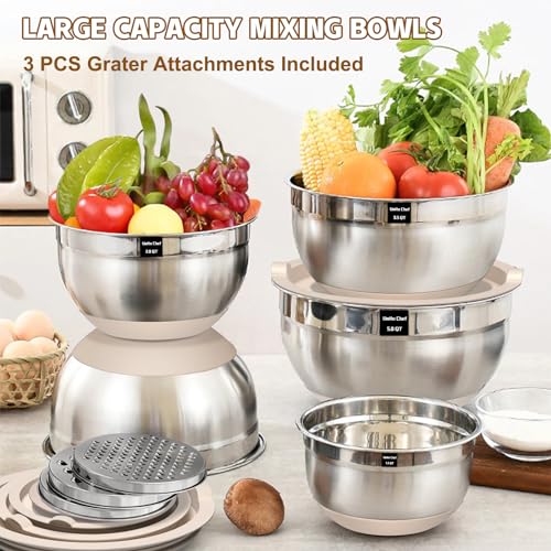 Umite Chef Mixing Bowls with Airtight Lids Set, 8PCS Stainless Steel Nesting Bowls with Grater Attachments, Non-Slip Bottoms, 5, 4, 3.5, 2, 1.5QT for Mixing & Serving