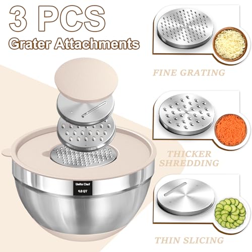 Umite Chef Mixing Bowls with Airtight Lids Set, 8PCS Stainless Steel Nesting Bowls with Grater Attachments, Non-Slip Bottoms, 5, 4, 3.5, 2, 1.5QT for Mixing & Serving