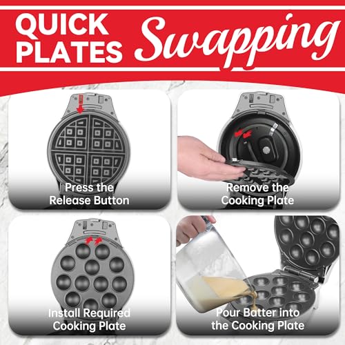 SugarWhisk Thick Belgian Waffle Maker with 3 Removable Plates, 7” Non Stick Belgian Waffle Iron Removable Plates, 3 in 1 Mini Donut Maker Machine, Cake Pop Maker Machine Set with Accessories & Tools