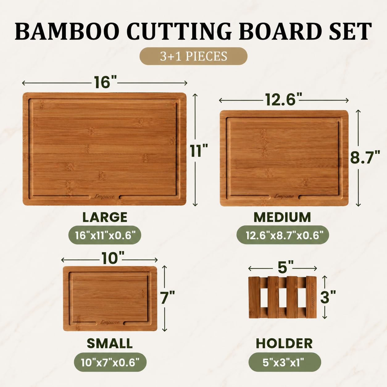 Empune Bamboo Cutting Boards for Kitchen, 3 Piece Extra Thick Cutting Board Set with Juice Groove, Deep Carbonized Bamboo Chopping Board, Reversible Wood Cutting Board for charcuterie boards, Brown