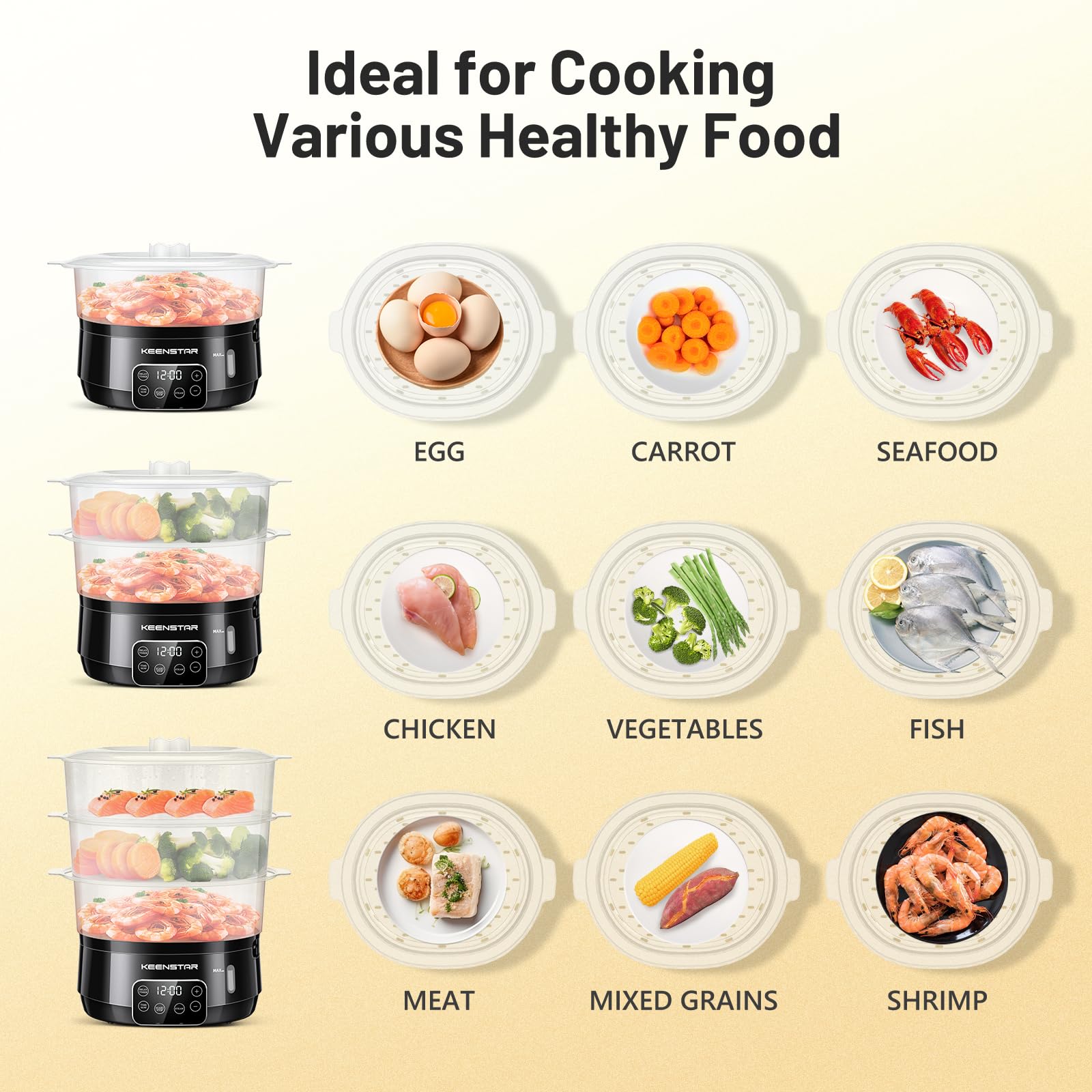 13.7QT Electric Food Steamer for Cooking, Vegetable Steamer with 3 Tiers BPA-Free Baskets, Digital Steamer with Appointment, 800W Fast Cooking, Ideal for Veggies Seafood Rice Black