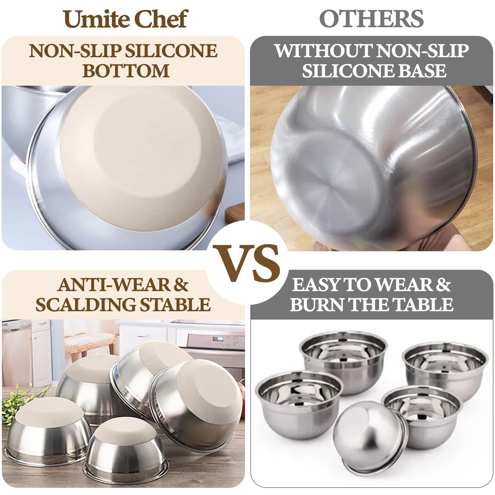 Umite Chef Mixing Bowls with Airtight Lids Set, 8PCS Stainless Steel Nesting Bowls with Grater Attachments, Non-Slip Bottoms, 5, 4, 3.5, 2, 1.5QT for Mixing & Serving