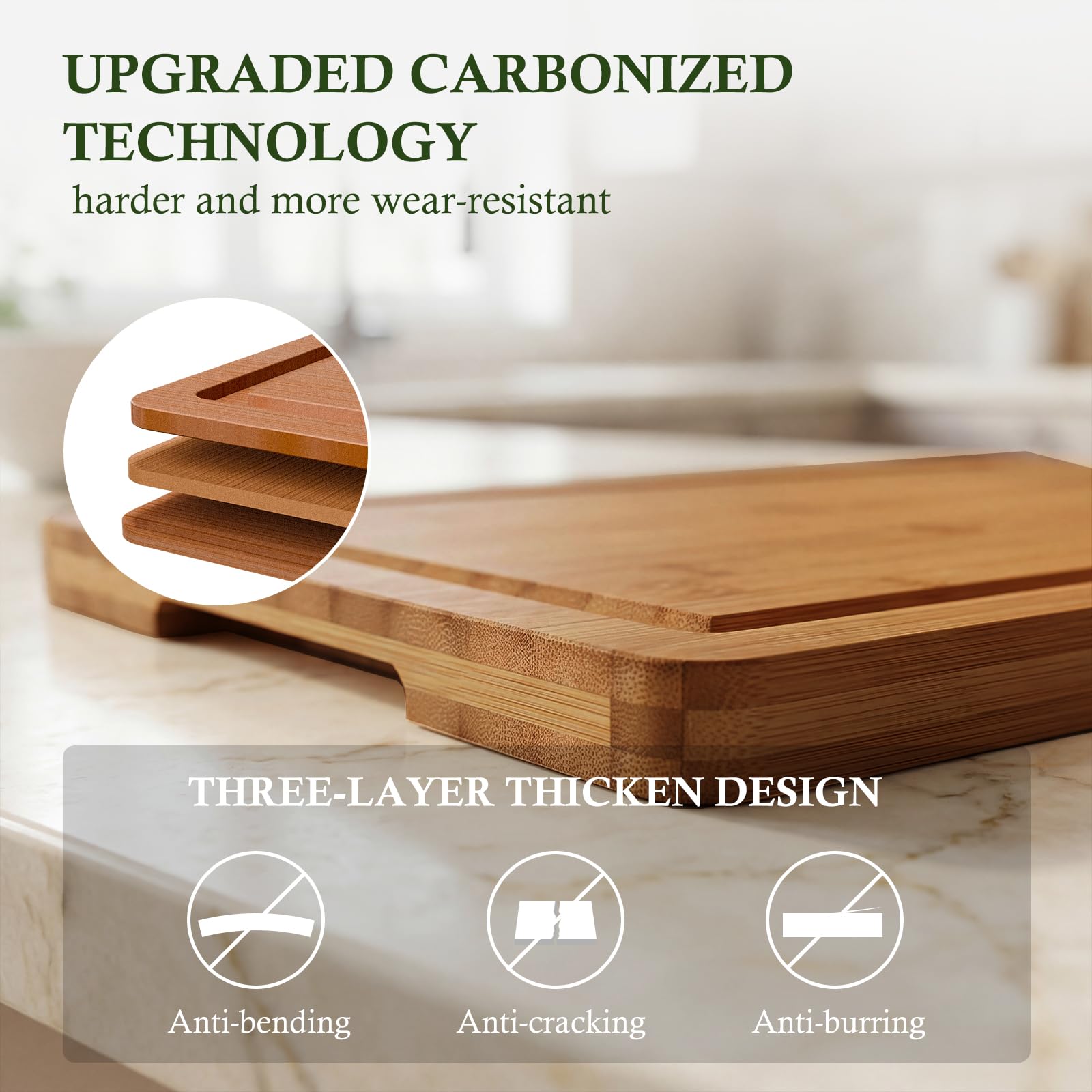 Empune Bamboo Cutting Boards for Kitchen, 3 Piece Extra Thick Cutting Board Set with Juice Groove, Deep Carbonized Bamboo Chopping Board, Reversible Wood Cutting Board for charcuterie boards, Brown