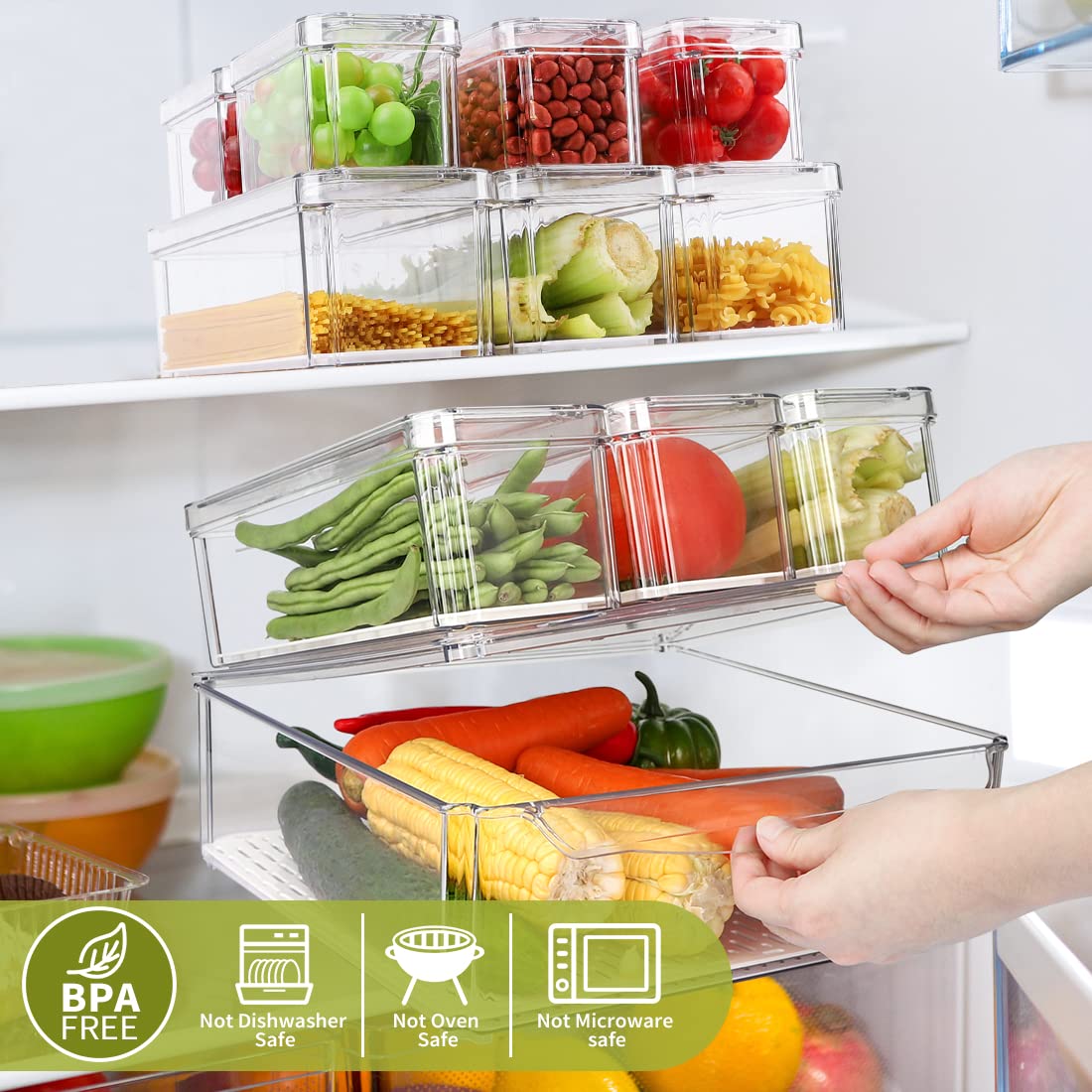 10 Pack Refrigerator Pantry Organizer Bins with Lids, Fridge Organizer Bins