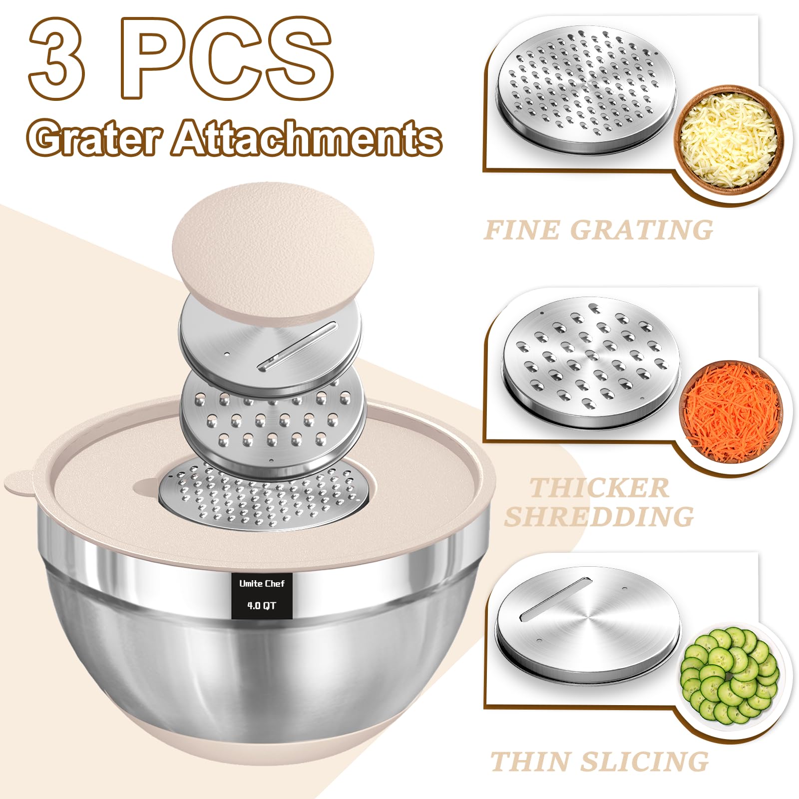 Umite Chef Mixing Bowls with Airtight Lids Set, 8PCS Stainless Steel Nesting Bowls with Grater Attachments, Non-Slip Bottoms, 5, 4, 3.5, 2, 1.5QT for Mixing & Serving
