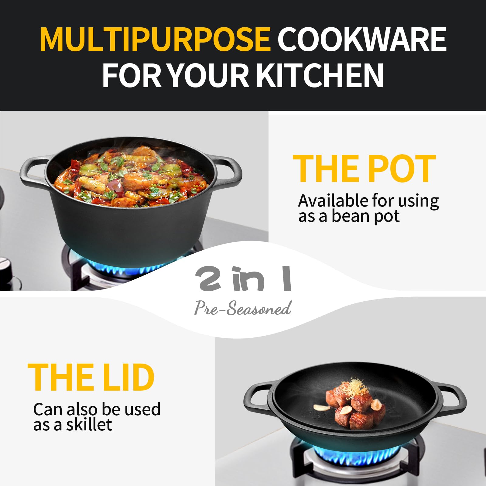 EDGING CASTING 2-in-1 Pre-Seasoned Cast Iron Dutch Oven Pot with Skillet Lid Cooking Pan, Cast Iron Skillet Cookware Pan Set with Dual Handles Indoor Outdoor for Bread, Frying, Baking, Camping, 7QT