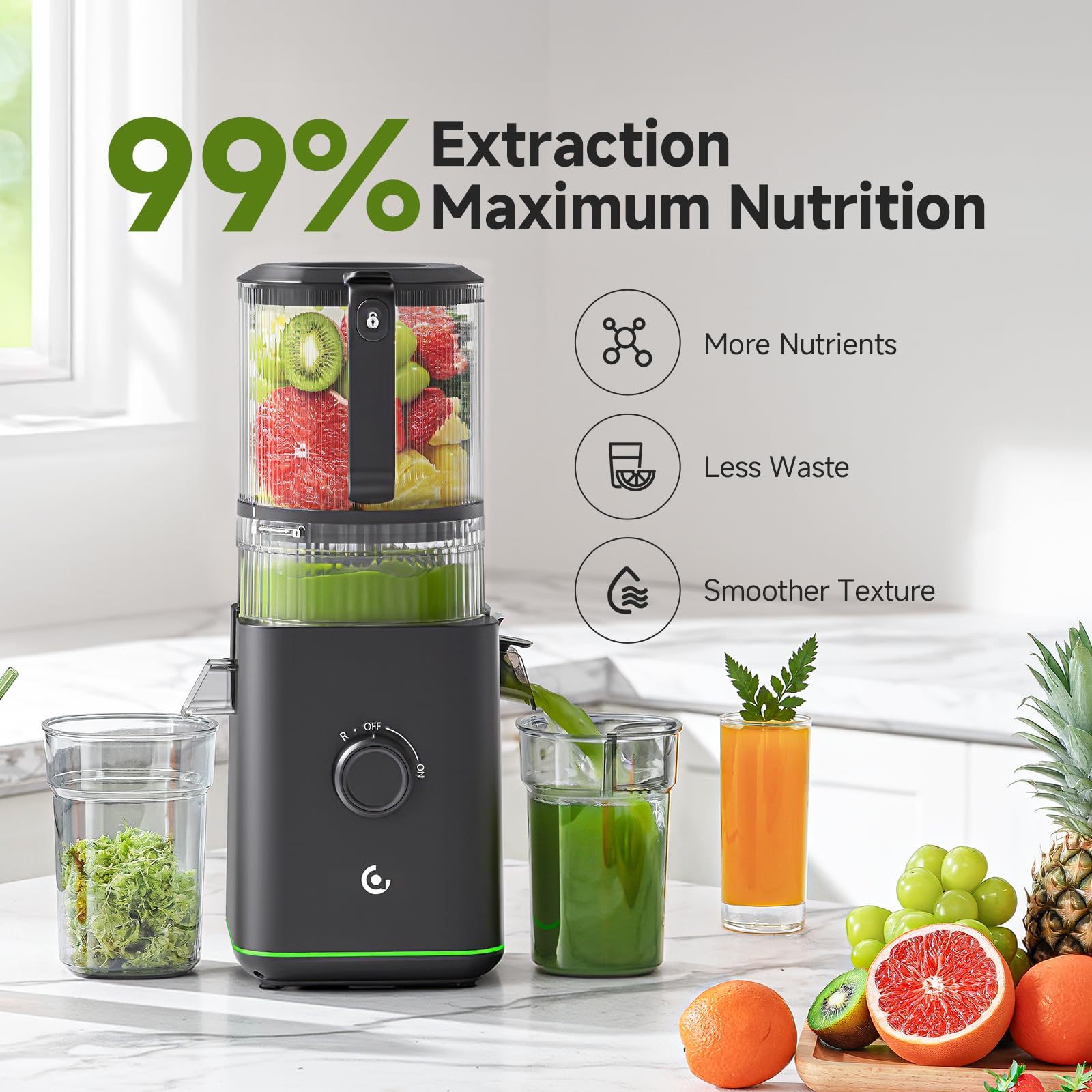 3-IN-1 Cold Press Juicer for Juice, Nut Milk & Sorbet - Self Feeding Juicer Machines with Pre-Cut Blade, 6.5"&100oz Extra Large Chute Fits Whole Fruits & Vegetables, High Yield, Easy Clean