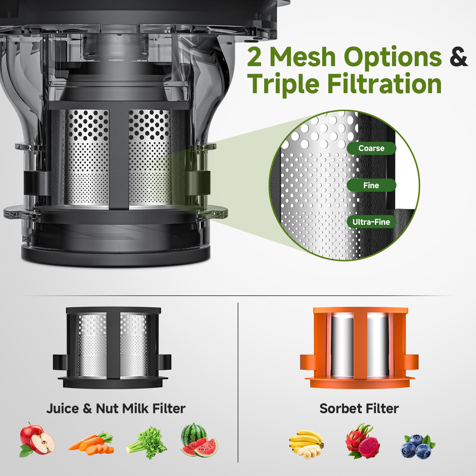 3-IN-1 Cold Press Juicer for Juice, Nut Milk & Sorbet - Self Feeding Juicer Machines with Pre-Cut Blade, 6.5"&100oz Extra Large Chute Fits Whole Fruits & Vegetables, High Yield, Easy Clean