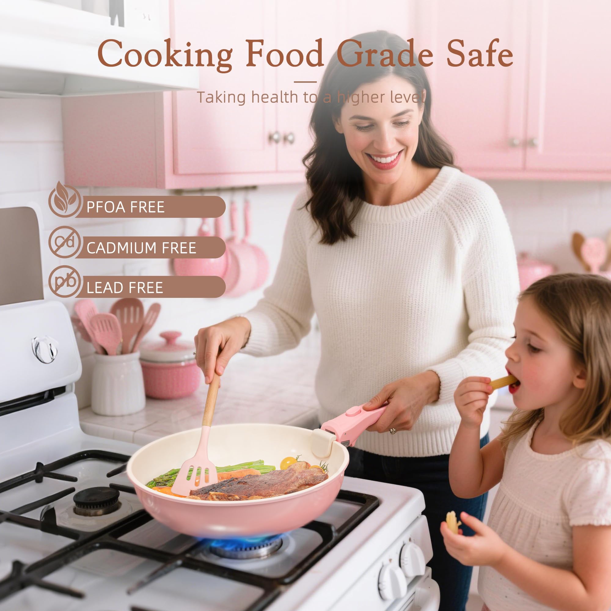 Astercook 21 Pcs Pots and Pans Set Non Stick, Ceramic Cookware Set Detachable Handle, RV Kitchen Cooking Set Removable Handles, Oven Safe, Induction Ready, Stackable, Pink, Fathers Day Gift for Men