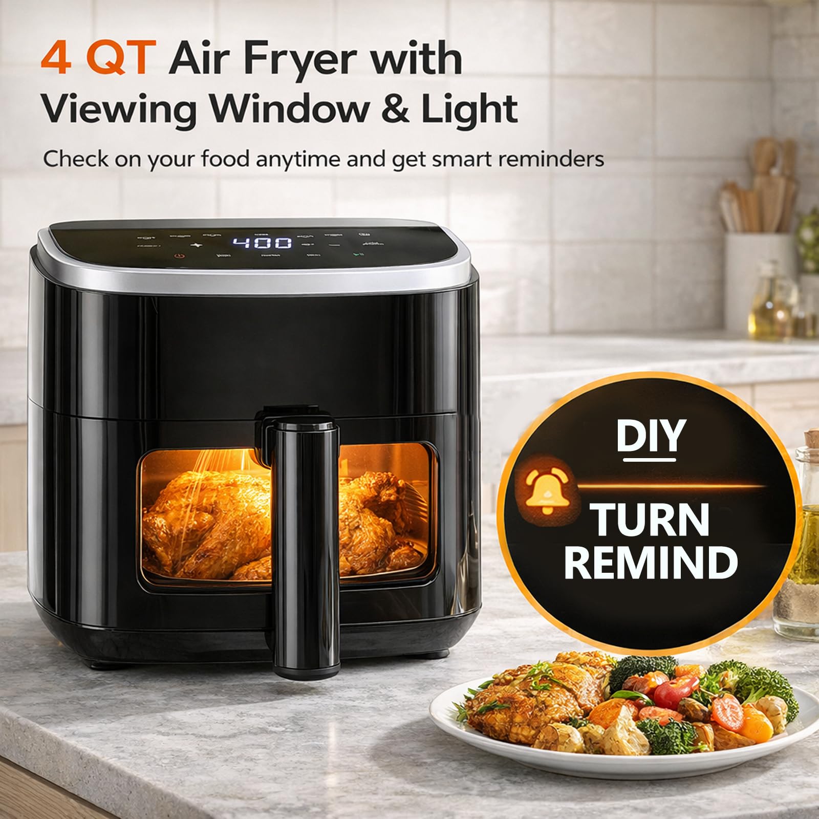 Simple Deluxe 8-in-1 Air Fryer 4 Qt, Digital Preset Airfryer with Visible Window, Nonstick and Dishwasher-Safe Basket for Chips, Bake, Wings, 60-Min Timer, 1500W, Gray